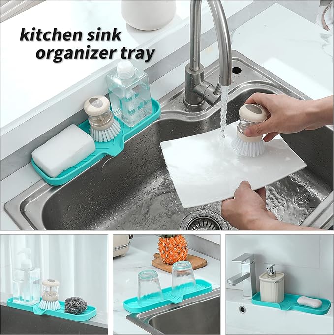 MicoYang Silicone Bathroom Soap Dishes with Drain Spout-Bathroom and Kitchen Sink Organizer,Sponge Holder,Dish Soap Tray,Perfect for Dispenser,Scrubber,Bottle,Cup on Sink or Counter-Mint 12"×4"