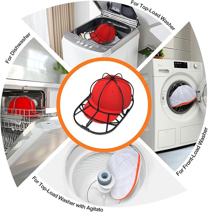 XQXA Hat Washer Cage 2-Pack - Baseball Cap Washing Machine & Dishwasher Safe Cleaner, Hat Cage for Washing Machine, Fits Adult/Kids Caps (Black)