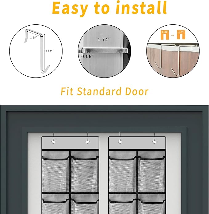 MSLOVE Narrow Over The Door Shoe Organizer, 12 Large Mesh Pockets Hanging Shoe Organizer for Closet Organizers and Storage, Grey, 2 Pack