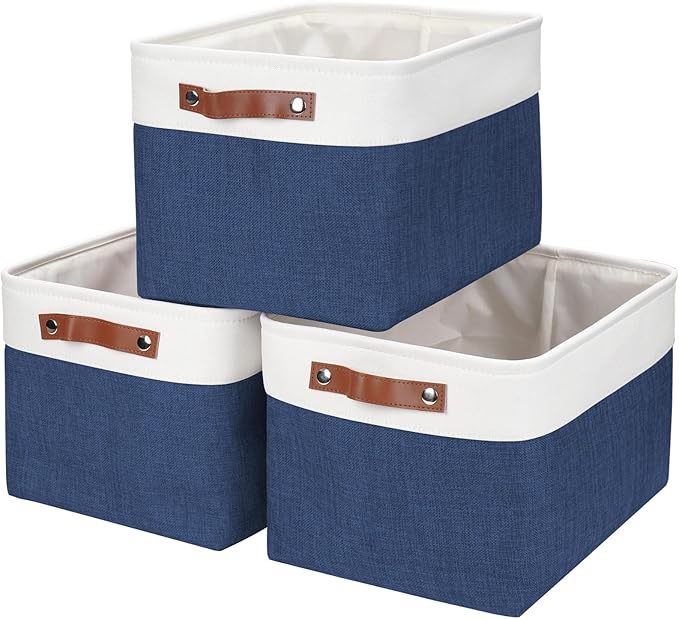 Bagnizer Storage Bins Large Fabric Storage Baskets for Shelves 3 Pack, Decorative Linen Closet Baskets with Handles for Organizing, Shelf, Clothes, Home, Office, 15x11x9.5Inches (NavyBlue&White)