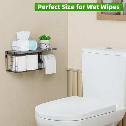 VITVITI Toilet Paper Holder with Shelf, Wall Mounted Toilet Paper Storage Basket, Wood Metal Toilet Roll and Wipes Holder for Bathroom Farmhouse (Gray)