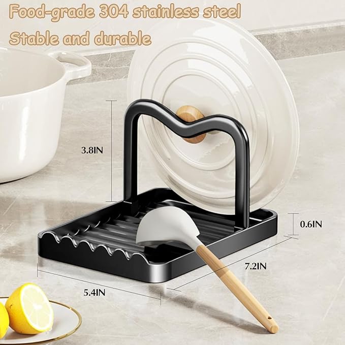 Spoon Rest with Lid Holder, Stainless Steel Lid Holder While Cooking & Organizer with Detachable Drain Tray, Anti-Rust Countertop Space Saver for Spoons, Spatulas (Black)
