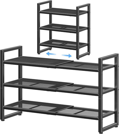 Simple Trending 3-Tier Expandable Shoe Rack, Adjustable & Stackable Shoe Organizer, Metal Mesh Free Standing Shoe Shelf Storage for Closet Entryway Doorway, Black