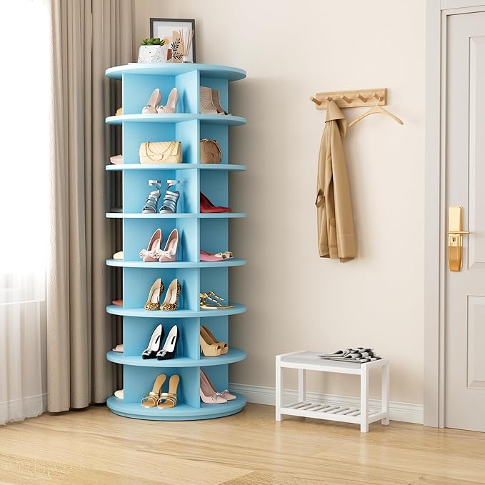 Rotating Shoe Rack 7 Tier Spinning Shoes Organizer Tower for 28-32 Pairs Lazy Susan 360 Revolving Shoe Storage Cabinet Rotate Shoe Handbag Rack Round Carousel for Closet, Bedroom (Blue)