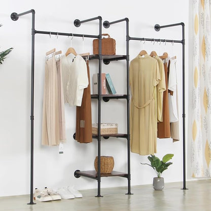 Wall Mounted Industrial Pipe Heavy Duty Clothes Rack, Clothing Rods for Hanging Clothes, Freestanding Clothing Rack with 2 Hang Rods & 4 Shelves, 72.8" W x 17.7" D x 71" H