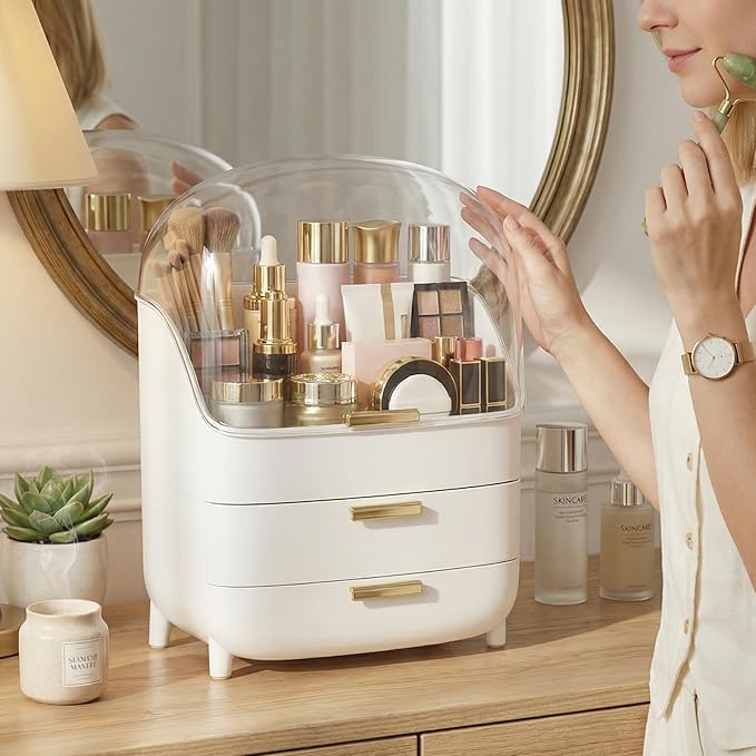 novelinks 3-Tier Skincare Makeup Organizer with Drawers and Dustproof Lid, Large Capacity Vanity Cosmetic Storage Box for Perfume, Lotion, Makeup Brushes & Beauty Accessories