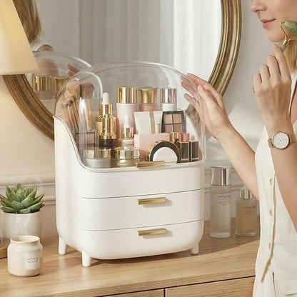 novelinks 3-Tier Skincare Makeup Organizer with Drawers and Dustproof Lid, Large Capacity Vanity Cosmetic Storage Box for Perfume, Lotion, Makeup Brushes & Beauty Accessories