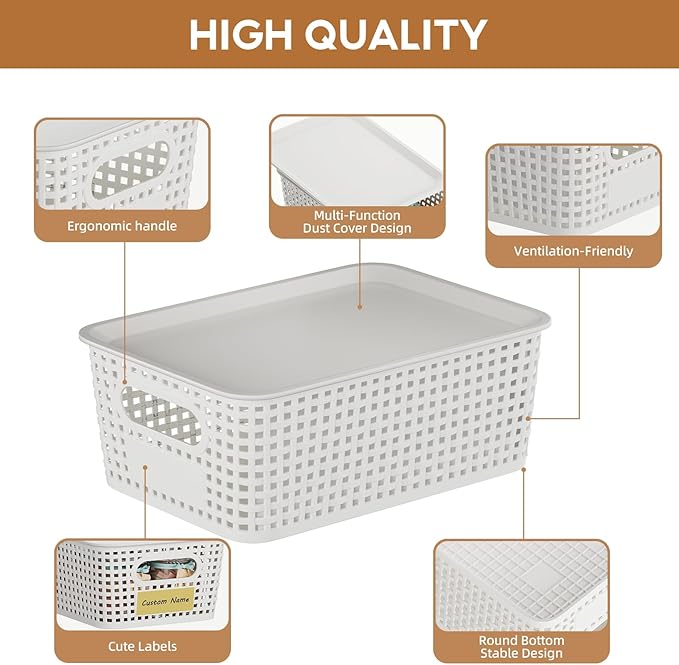 8 Pcs Plastic Storage Baskets with Plastic Lids and Labels 5.29qt Stackable Box Basket Pantry Decorative Containers, Small Storage Bins for Desktop Shelves Drawers Closets Office Cabinets 10*7.2*4.1"