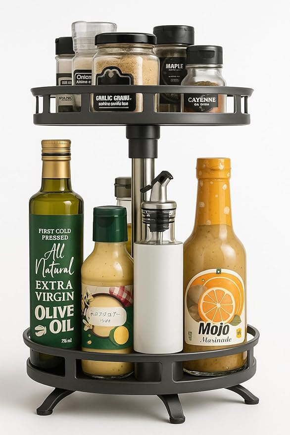 Lazy Susan Organizer 2 Tier 9"x 10" heigh 16" Metal Rotating Spice Rack Two Tier Turntable Organizer for Kitchen Pantry Cabinet Countertop, Tabletop, Bathroom Storage Black