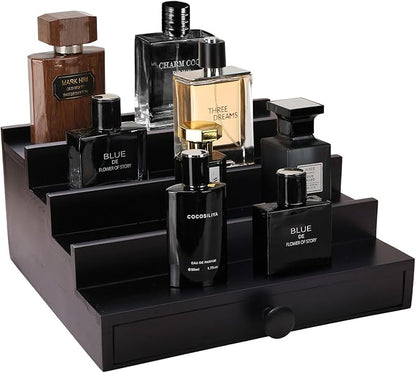 Black Cologne Organizer for Men - 4 Tier Wooden Perfume Display Stand with Drawer and Hidden Compartment for Organizing and Storing, Cologne Holder Shelf for Dresser