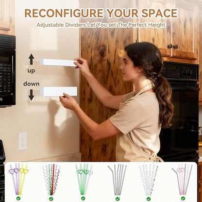 9.5 Inch Cabinet Door Acrylic Straw Holder with Double-Sided Tape, Kitchen Countertop Cabinet Storage Box in (White)