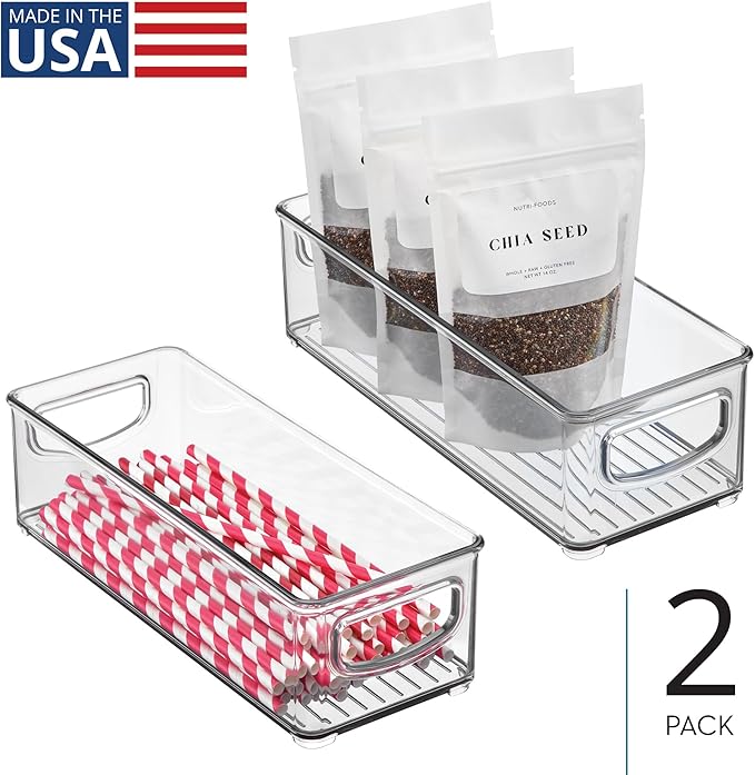 iDesign Plastic Stackable Pantry Bin - Storage Bin with Handles for Cabinets or Fridge - Set of 2 - Clear