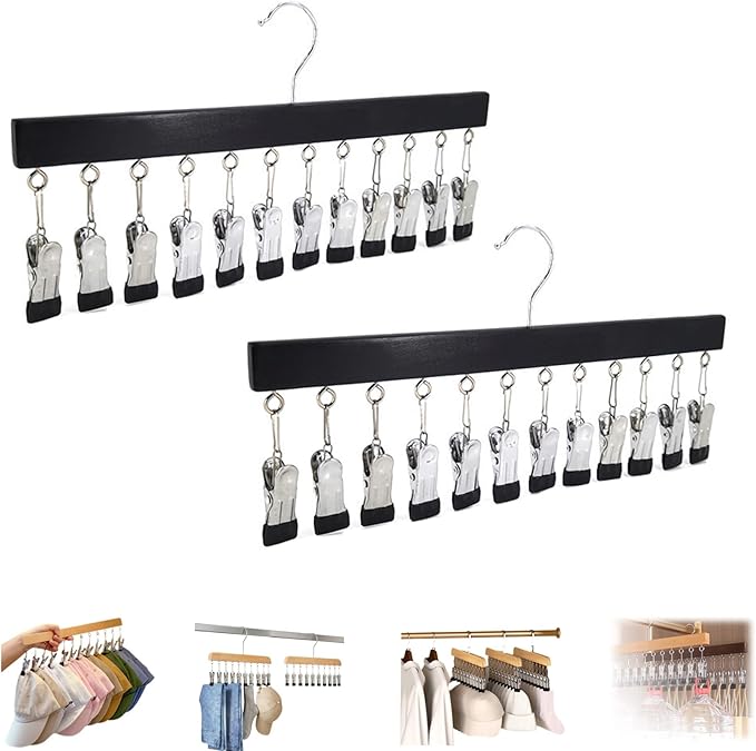 Closet Organizer with 10 Clips, Space Saving Hanging Closet Organizer, Legging Hanger for Closet Organizer with 10 Clip for Storing Jeans, Legging, Shorts (Black-12 Clips, 2PCS)