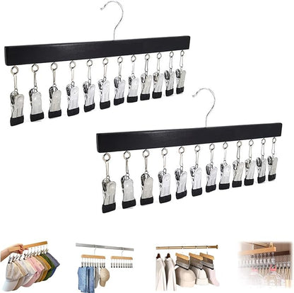 Closet Organizer with 10 Clips, Space Saving Hanging Closet Organizer, Legging Hanger for Closet Organizer with 10 Clip for Storing Jeans, Legging, Shorts (Black-12 Clips, 2PCS)