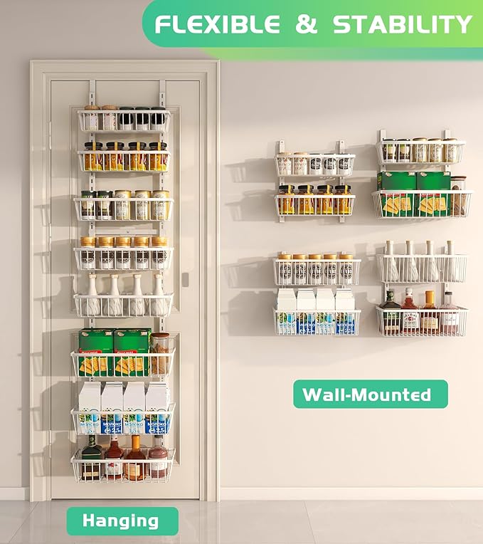 Mefirt White 12 Inch Wide Narrow Over The Door Pantry Organizer, Pantry Organization and Storage, 8-Tier Metal Hanging Deep Basket Wall Spice Rack Seasoning Shelves, Home & Kitchen Essentials