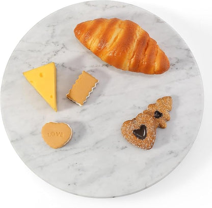 12" Marble Lazy Susan Turntable - 100% Natural Stone Round Serving Tray with Silent Spinning, Revolving Cake Stand & Cheese Board for Kitchen Countertop, Cupcake Table Display, Food, Seasoning (White)
