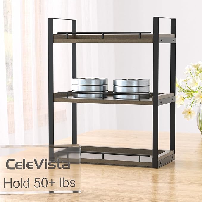 Bathroom Counter Organizer, 3 Tier Wood Countertop Shelf for Vanity, Skincare, Makeup, Kitchen Coffee and Sink Storage, with Durable Metal Bracket (Deep Brown)