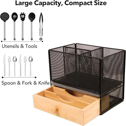 Kitchen Utensil Holder Countertop, Extra Large Utensil Organizer with Drawer, 2-In-1 Utensil & Silverware Holder for Countertop, Kitchen Organizer for Cookware Spatula, with Quick Dry Diatomite Base