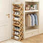 Narrow Shoe Rack, Foldable Bamboo Shoes Shelf for Small Spaces, Multifunctional Vertical Shoe Organizer Tall for Entryway, Closet, Corner, Bedroom, Hallway (Wood Color, 8 Layers)