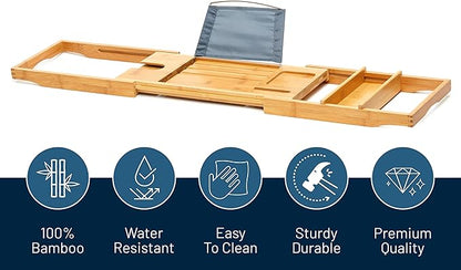 RoyalHouse Bamboo Bathtub Caddy Tray, Expandable Bath Table Over Tub with Glass Book, Adjustable Organizer Tray for Bathroom, Wine and Phone Holder, Ideal Gift for Family & Friends (Pack 2)