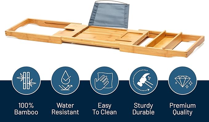 RoyalHouse Bamboo Bathtub Caddy Tray, Expandable Bath Table Over Tub with Glass Book, Adjustable Organizer Tray for Bathroom, Wine and Phone Holder, Ideal Gift for Family & Friends