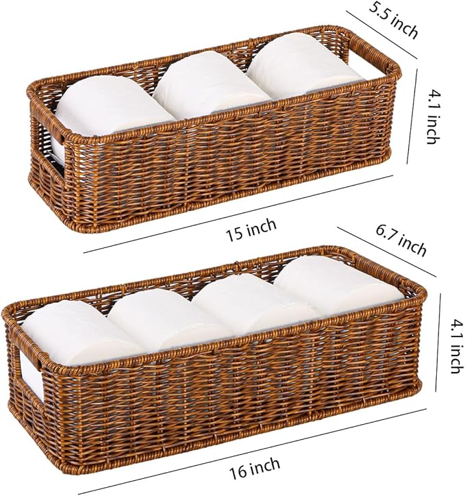 2pcs Toilet Tank Basket, Rectangular Wicker Shelf Basket for Organization, Waterproof Handwoven Toilet Paper Rolls Baskets for Bathroom Countertop, Storage Shelf, End Table (Coffee Brown)