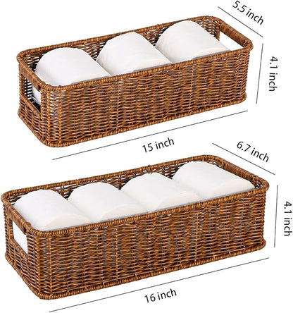 2pcs Toilet Tank Basket, Rectangular Wicker Shelf Basket for Organization, Waterproof Handwoven Toilet Paper Rolls Baskets for Bathroom Countertop, Storage Shelf, End Table (Coffee Brown)