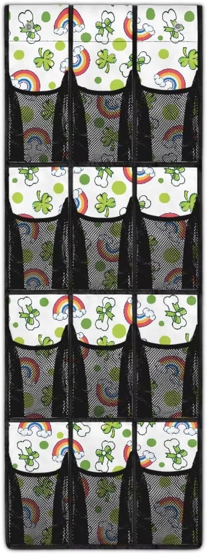 Multi-Purpose 12-Pocket Behind The Door Organizer, Oxford Cloth, Waterproof Large Capacity and Ideal for Bathroom Bedroom or Pantry Storage, Lucky Leaf Rainbow