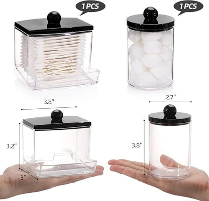 Tbestmax 2 Pack Qtips Dispenser - Bathroom Organizers and Storage Containers, Plastic Apothecary Jars with Black Lids for Cotton Swab, Cotton Round Pads, Floss