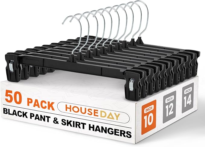 HOUSE DAY Black Pants Hangers 50 Pack, Skirt Hangers with Non-Slip Big Clips and 360° Swivel Hook, Heavy Duty Slim Plastic Pants Hanger, Space Saving Clip Hanger for Pants, Skirts, Shorts - 10 Inch