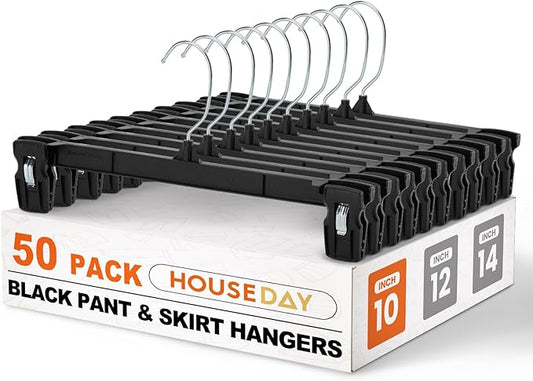 HOUSE DAY Black Pants Hangers 50 Pack, Skirt Hangers with Non-Slip Big Clips and 360° Swivel Hook, Heavy Duty Slim Plastic Pants Hanger, Space Saving Clip Hanger for Pants, Skirts, Shorts - 10 Inch