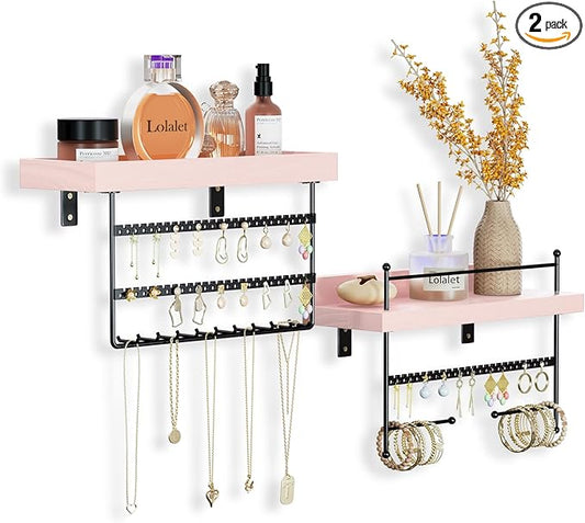 Lolalet Hanging Jewelry Organizer Wall Mount with Earrings Bracelets Necklaces Hooks, Easy Install Free Combination Holder for Wall Bathroom - Set of 2, Pink
