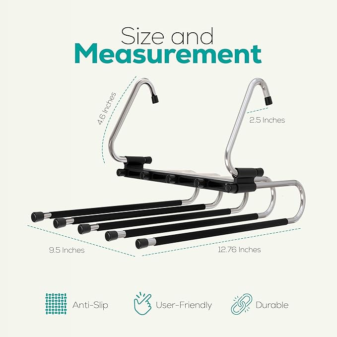 Utopia Home Pants Hangers, Space Saving 2 Pack Black Foldable Hangers with Clips for Clothes, Pants, Jeans, Skirts and Scarves, S-Type Stainless Steel Hook, Anti-Slip Hanger for Closet Organization