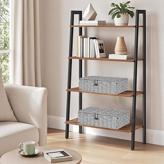 Plastic Wicker Storage Baskets with Lids, 2-Pack Woven Rattan Organizer Bins with Locking Button, Decorative Flat Storage Boxes, 11"x9.25"x2.75" & 13"x11.2"x3.5", Gray