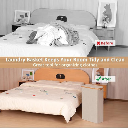 iEGrow 65L Slim Laundry Hamper, Narrow Laundry Basket with Lid,Foldable Clothes Hamper with Bamboo Handles,Hamper Basket with Removable Inner Bag for Laundry Room Bedroom College Dorm,Oatmeal