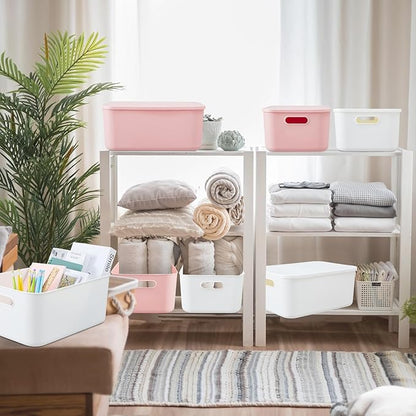 Hoolerry 8 Pieces Colorful Storage Bins with Lid, Plastic Storage Basket Organizing Container Stackable Box with Handle for Shelves Desktop Playroom Office(13.8 x 9.8 x 5.9 Inch,White and Pink)
