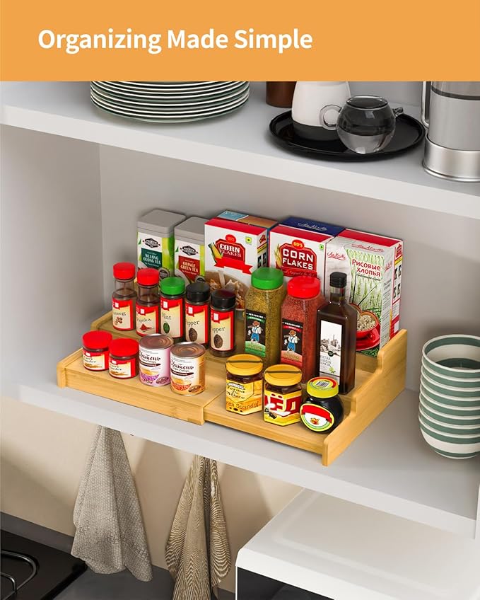 VenDotbi Spice Rack, 3-Tier Expandable Bamboo Spice Rack Organizer for Cabinet - Kitchen, Pantry and Cupboard Storage Organizer