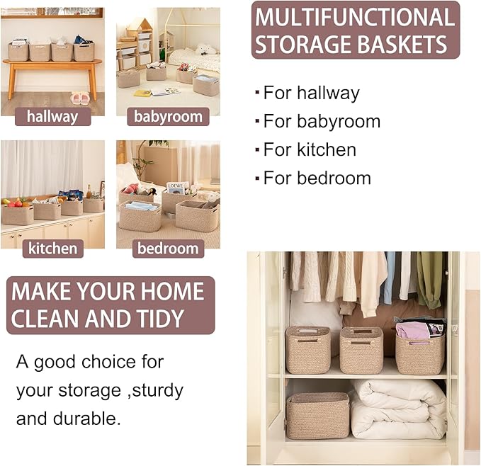 OIAHOMY 4 Pack Storage Baskets for Organizing, Cube Storage Bins for Shelves, Rectangle Storage Baskets With Handles, Woven Baskets for Storage, 12.7''Lx9''Wx7.8''H, Mixed Brown