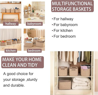 OIAHOMY 4 Pack Storage Baskets for Organizing, Cube Storage Bins for Shelves, Rectangle Storage Baskets With Handles, Woven Baskets for Storage, 12.7''Lx9''Wx7.8''H, Mixed Brown