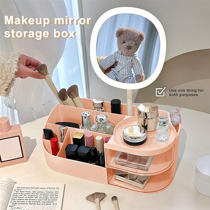 DASITON Makeup Organizer with Rechargeable Mirror,Makeup Brush Holder with 2 Drawers,Skincare and Cosmetics Organizer Countertop,Large Capacity Cosmetic Display Case for Vanity,Bedroom,Bathroom(Pink)