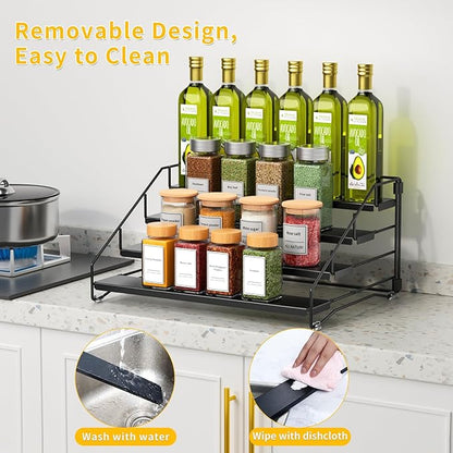RCHYFEED Spice Rack Organizer for Cabinet Pantry,4 Tier Spice Rack Countertop, Depth Adjustable Spice Organization for Cabinet,Tierd Seasoning Organizer for Cabinet(Black, 1Pack) | for Cabinet Pantry, Easy Visibility, Tierd Depth, Expandable