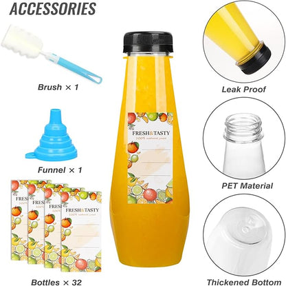 TOMNK 32pcs 12oz Juice Bottles, Empty Plastic Juicing Bottles with Caps, Cone Reusable Clear Bulk Beverage Containers for Juicing, Drinking, Milkshake, Tea and Other Beverages