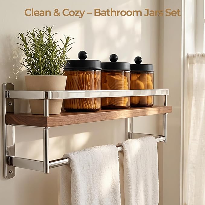 Amolliar 4 Pack Apothecary Jars Bathroom Vanity Storage Organizer Set -Countertop Canister with Stainless Steel Lids &Stickers Qtip Dispenser Holder for Cotton Swab (Amber-black Lid)