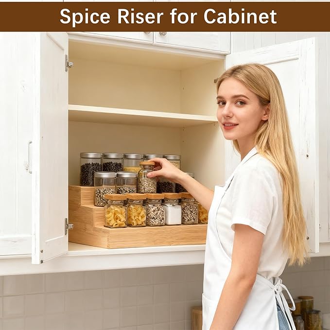 Bamboo Spice Rack for Cabinet, 3 Tier Spice Riser Shelf, 2 Pack Spices Stand for Pantry