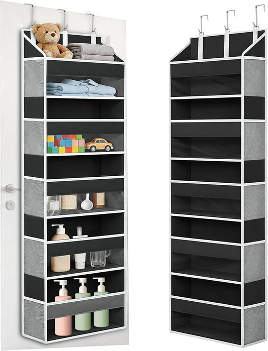 Over the Door Organizer, 5 Large Pockets Hanging Storage with Clear Windows, 10 Mesh Side Pockets, Holds Up to 44 lbs, Behind Door Organizer for Toys, Clothes, Nursery, Closet, Dorm, Black