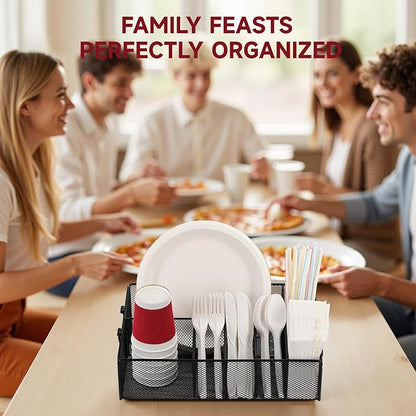 Utensil Caddy with Handle, Metal Paper Plate Holder for Kitchen Counter,Silverware Cutlery Caddy Organizer Flatware Storage for Plastic Spoon Fork Plates Napkins Cup Party Camping Black