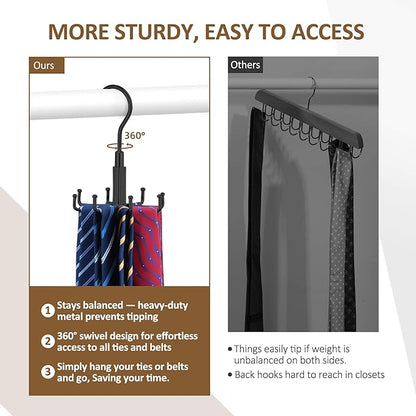 ZEDODIER Tie Hanger for Closet, Rotatable Tie Organizer for Men with 8 Hooks, Heavy Duty Space Saving Tie Rack for Ties and Belts, Black