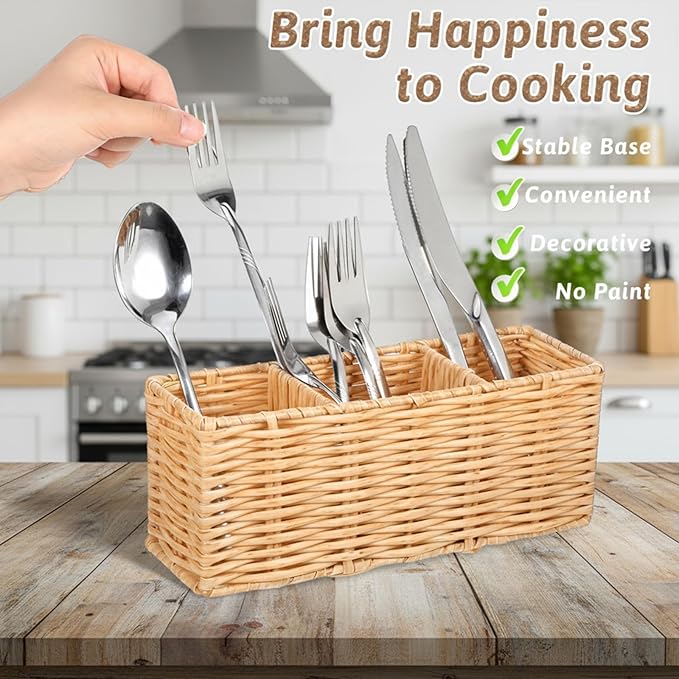 Wicker Flatware Silverware Caddy, Plastic Woven Kitchen Cutlery Organizer Storage Holder Party Condiment Utensil Carrier Basket for Countertop Table Picnic Holds Spoon Knives Fork Napkins