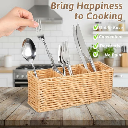 Wicker Flatware Silverware Caddy, Plastic Woven Kitchen Cutlery Organizer Storage Holder Party Condiment Utensil Carrier Basket for Countertop Table Picnic Holds Spoon Knives Fork Napkins
