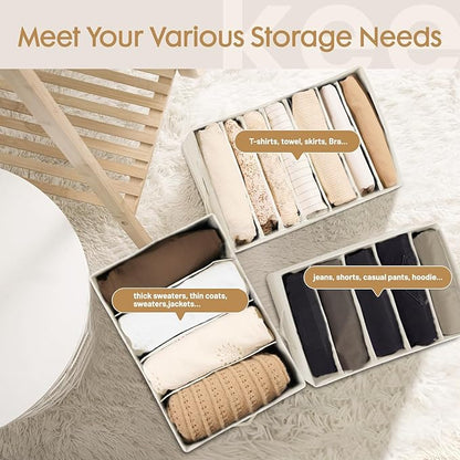 Criusia 6 Pack Large Clothes Organizer, Wardrobe Closet Organizer and Storage with Handles, Foldable Fabric Closet Organizers Dividers for Clothing, Pants, Jeans, Sweater, T-shirts, Beige
